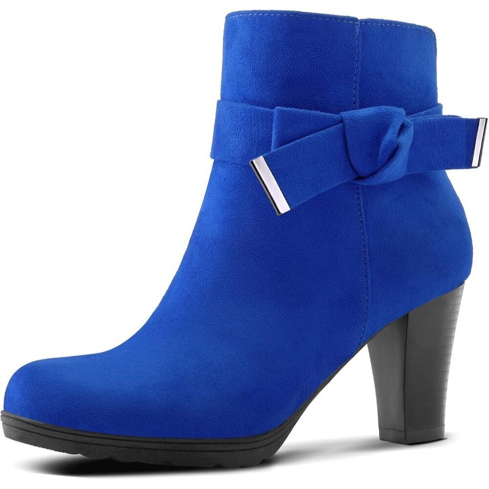 Women's Royal Blue Bow Suede Booties Chunky Stacked Heel Zipper Ankle Boots